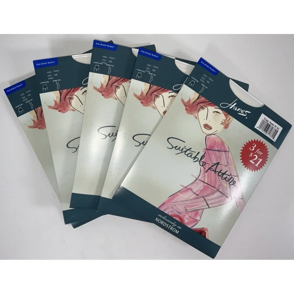 NIP Lot 5 Pairs Hanes Suitable Attire Sheer Illusion Control Pantyhose White C/D